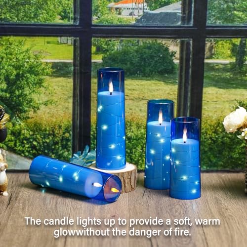 Image of Sasigeiaa Flameless Candles with Embedded Star String - Battery Operated LED Candles, with Remote,12 Blue Flickering Candles for Christmas, Weddings, Home Decor & Party,(D 2.3 inchxH 5 inch 6 inch 7 inch)