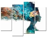 Modern Home Decoration - Figure Paintings - Green Girl Artistic Expression Colorful Brain And Bright Universe Picture - Print on Canvas for Living Room 4 Pieces Wall Art Decor