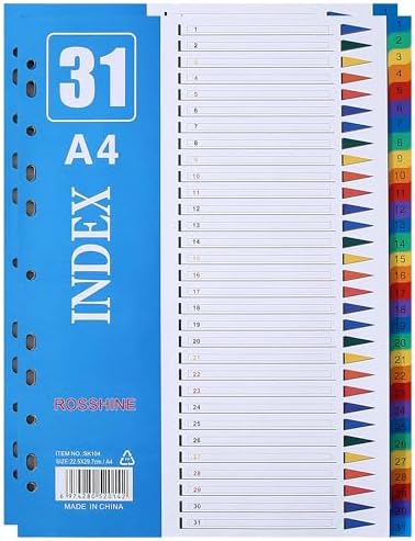 Intercalaires A4 Renforcés 1 à 31 - Tableau Blanc Avec Onglets Colorés, Pour Classeur Et Présentation Pro