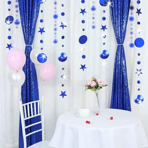Image of Dark Blue Party Decoration Dark Blue Star Circle Dot Hanging Garland Streamer Decorations Glitter Star Bunting Banner Twinkle Backdrop for Engagement Wedding Anniversary Baby Shower Birthday Christmas