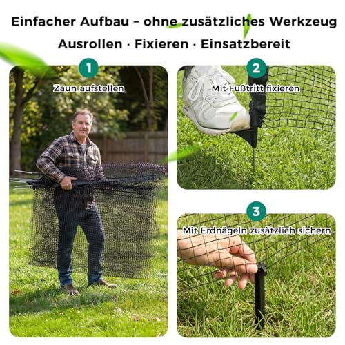 Signstek Mobiler Begrenzungszaun 90 cm hoch – 15 m Steckzaun mit 9 Pfählen, ohne Strom, engmaschig, schwarz | Hundezaun, Hühnerzaun, Gartenzaun