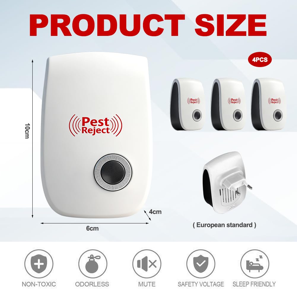 4 Piezas Repelente Ultrasónico de Plagas, Electrónico Repelente Mosquitos Insectos Control de Plagas, Repelente Ultrasónico Ratas, Eficaz contra Moscas, Mosquitos, Cucarachas, Ratones, Insectos