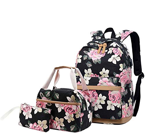 G-B Neuleben 4 Sets of School Backpacks and Coolers, Gym Bags and Wallets, Small Backpacks, Flower Pattern School Bags with USB Charging Ports