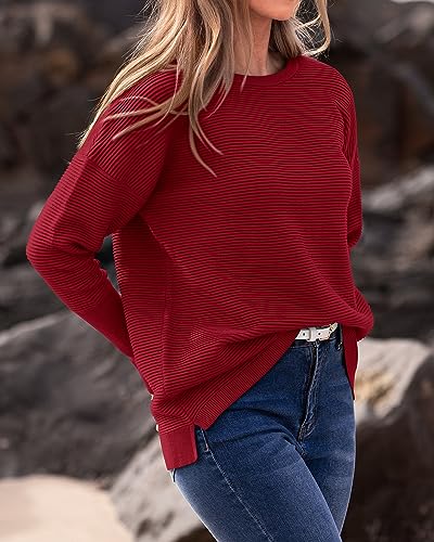 BTFBM Fall Sweaters for Women 2025 Casual Long Sleeve Sweater Striped Loose Fit Pullover Tops