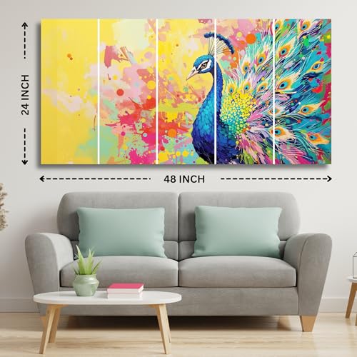 Image of Peacock Painting Set of 5 Sparkle Laminated MDF Big Size Wall Art | Peacock Wall Painting for Living Room, Bedroom, Home and Office