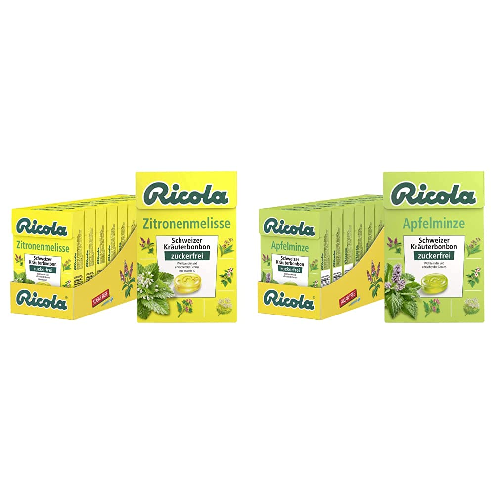 Ricola Zitronenmelisse, Schweizer Kräuterbonbon, 10 x 50g Böxli, ohne Zucker, Wohltuend und erfrischender Genuss & Apfelminze, Schweizer Kräuterbonbon, 10 x 50g Böxli, ohne Zucker