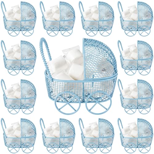 Image of Threehoney 24 Pcs Baby Shower Mini Carriage Decoration Blue Metal Wired Fillable Candy Stroller Baby Shower Table Centerpiece for Guest Gender Reveal Wedding Party Favor Gift