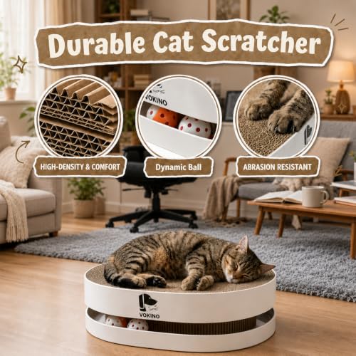 VOKINO Cat Scratcher Bed for Indoor Cats, Cardboard Cat Scratcher with Interactive Ball Track, 3-in-1 Cat Scratching Pad & Cat Bed, Scratch Pad for Cats, Beige — view 4