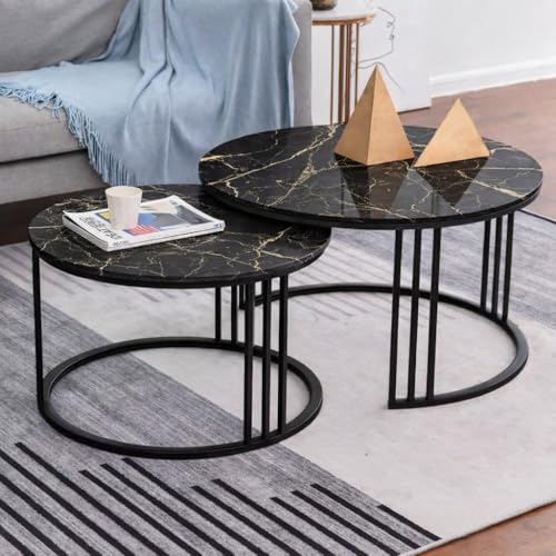 Image of Coffee Table Round Sofa Small Side Table Nesting Table, Modern Negotiation Table Combination Table, Suitable for Living Room Bedroom Side Table (Full Black)