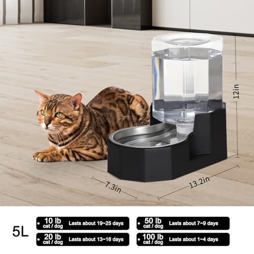 Sfozstra Gravity Water Bowl Dispenser : Automatic 5L Black Cat Stainless Steel Feeder Without Filters for Pets Indoor/Outdoor by Owners - Image 3