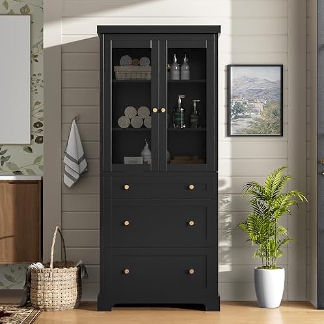 espidoo 70.1 Modern Bathroom Storage Cabinet: Black MDF Freestanding Tall Cabinet with 3 Drawers & 2 Adjustable Shelves - Soft Close Glass Doors & Anti-Tip Hardware for Bathroom Living Room Kitchen