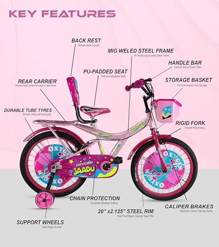 Image of OXYGEN Girl 20T Kids Bicycle for Girls 5-9 Years with Training Wheels, Basket & Rear Carrier, High Tensile Steel Frame, Single Speed Beginner Kids Cycle, Professional Assembly Required (Pink)