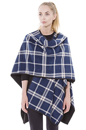 BYOS Women Winter Stylish Reversible Printed Fleece Open Front Poncho Ruana Wrap Travel Blanket (Navy Plaid)