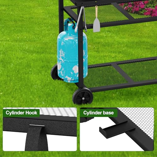 nomiou Grillwagen Servierwagen aus Metall,3-Etagen Outdoor Plancha Grilltisch Rollwagen Trolley wasserdicht Arbeitsplatte 85 x 51cm