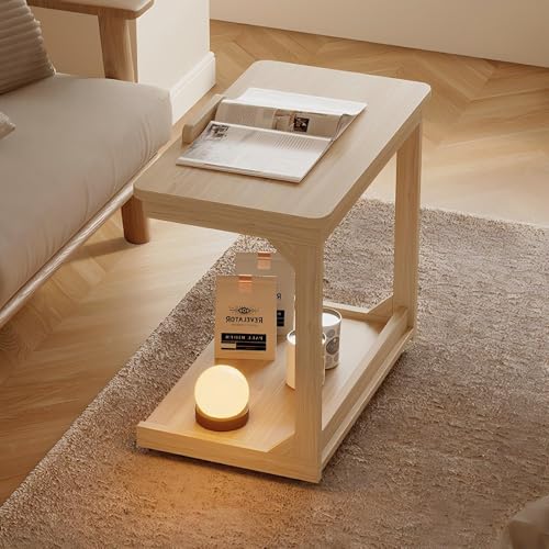 Genérico Mesa C con Ruedas, mesita de Noche móvil, mesas auxiliares pequeñas Modernas, Mesa de sofá de Madera de Escritorio Ajustable para Sala de Estar, Dormitorio (Natural, 60 * 40 * 63)
