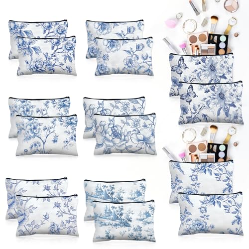 16 Pcs Floral Cosmetic Bags Bulk for Women Blue and White Floral Makeup Bags Chinoiserie Canvas Travel Zipper Pouches Aesthetic Toiletry Bag for Girls Women Bridesmaids Wedding Supplies