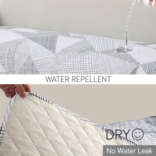 Image of HOKIPO 'Elira Series' Polyester Blend Digitally Printed Water Repellent + Waterproof Sofa Seat Mat for 3 Seater Sofa - Snow White Black Geometry (NEW-AR-5248-C9*1)