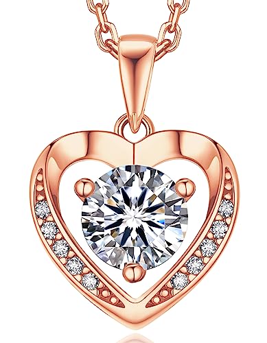 MomentWish Collier Femme Or Rose, 1 Carat Moissanite Diamant Collier Argent 925 avec Pendentif Cœur Cadeau
