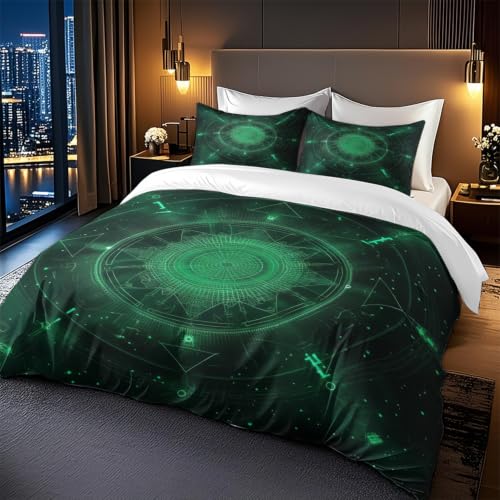 Housse de couette 140x200 mandala vert en microfibre avec ses 2 taies d'oreiller