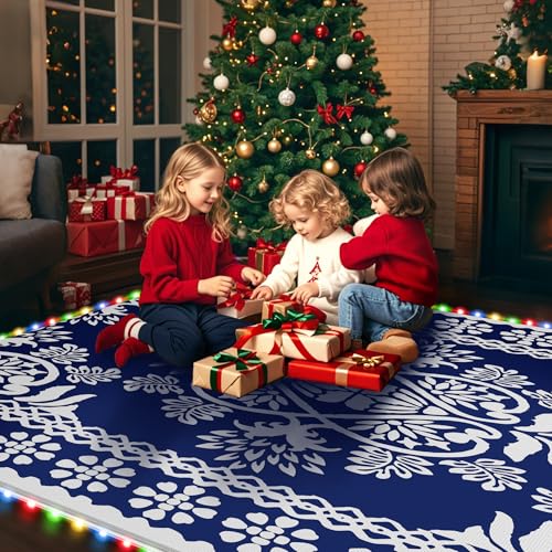 RV Outdoor Rug with Lights 9x12ft, Outdoor Camping Rug, Waterproof, Easy Cleaning, Non Shedding, Foldable and Portable, Reversible Mats for RV, Deck, Beach, Camping, Patio, Picnic (Blue & White)