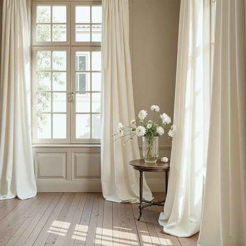 Image of Beige Cream Velvet Curtains 72 Inch Long for Bedroom Luxury Living Room Darkening Sound Proof Thermal Curtain for Summer Heat Blocking Light Drape Neutral Rustic Vintage Victoria 52x72 Length 2 Panels