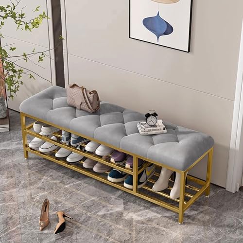 Banc de rangement à chaussures rembourré doté d'une double étagère métallique