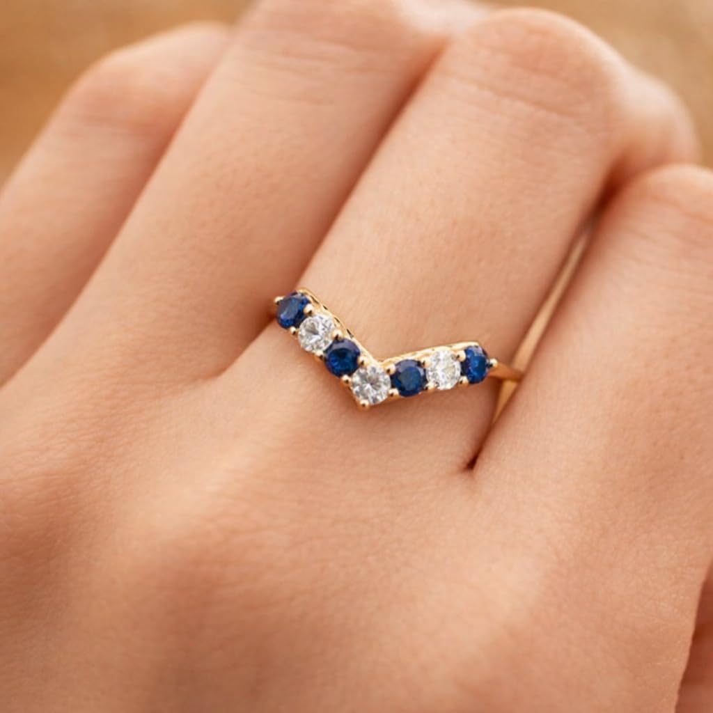 14K Yellow Gold Chevron Sapphire & Diamond Wedding Band for Women Curved V Shape Stackable Ring Contour Bridal Enhancer Band Anniversary Jewelry Gift for Her