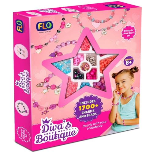Image of FLO Divas Boutique Girls Jewelry Making Kit | 1750+ Colorful Beads, Metallic Charms, Bracelet & Necklace DIY Craft Kit | Jewelry Making Kit for Kids Girls Teens | Beads, Thread, Earring Hooks