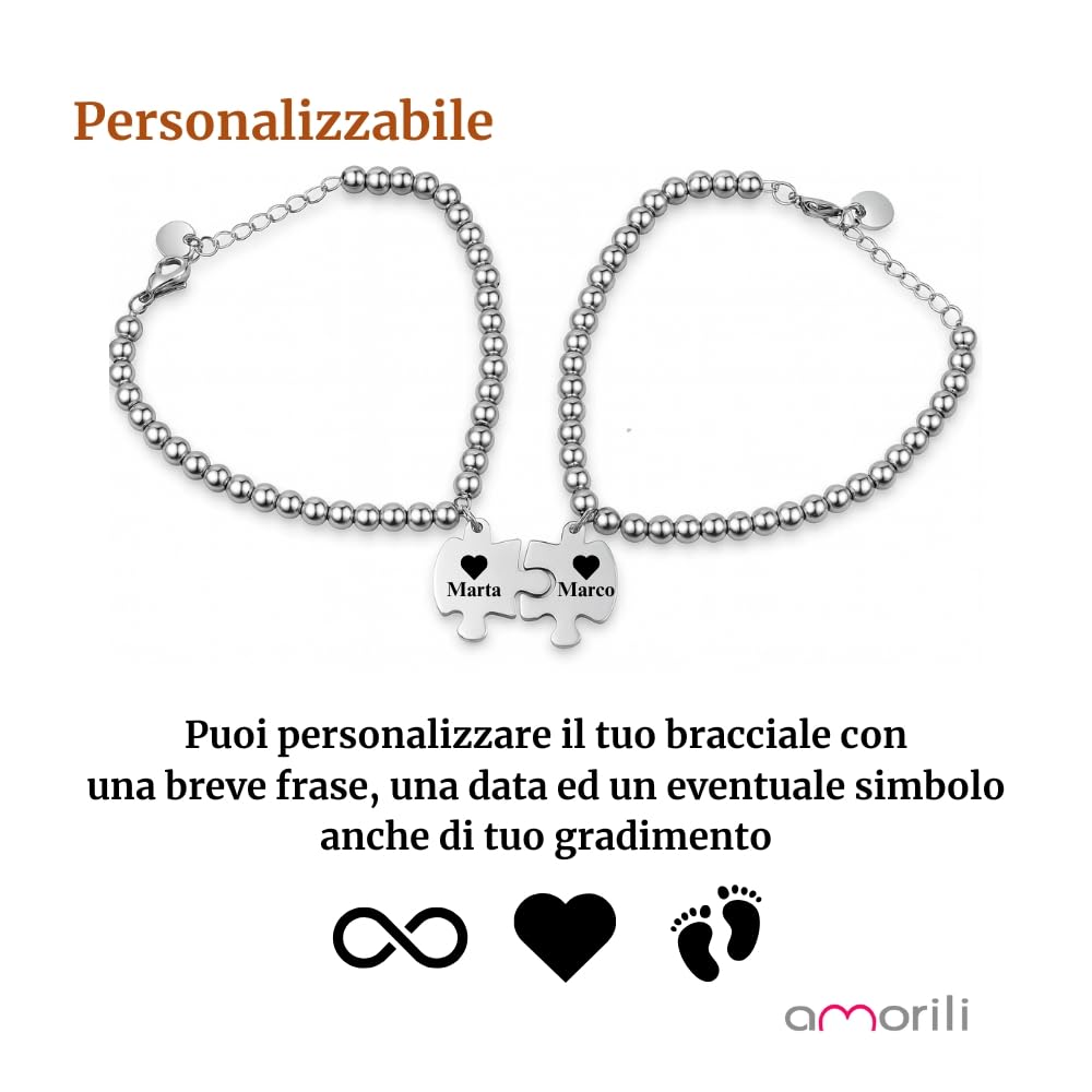 Bracciale Puzzle Coppie in Acciaio Inox | Braccialetti Amicizia BFF o Amore per Fidanzati e Amiche | Gioiello Simbolico Regolabile | Idea Regalo per Coppia o Migliori Amiche bcc2141