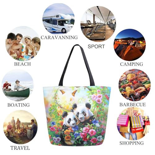 Extra Large Canvas Shoulder Tote Bag, Beautiful Flowers Sweet Panda Painting Durable Daily Womens Handle Bag for Gym Yoga Weekender Picnic Beach Travel Kitchen Reusable Market Grocery Shopping2