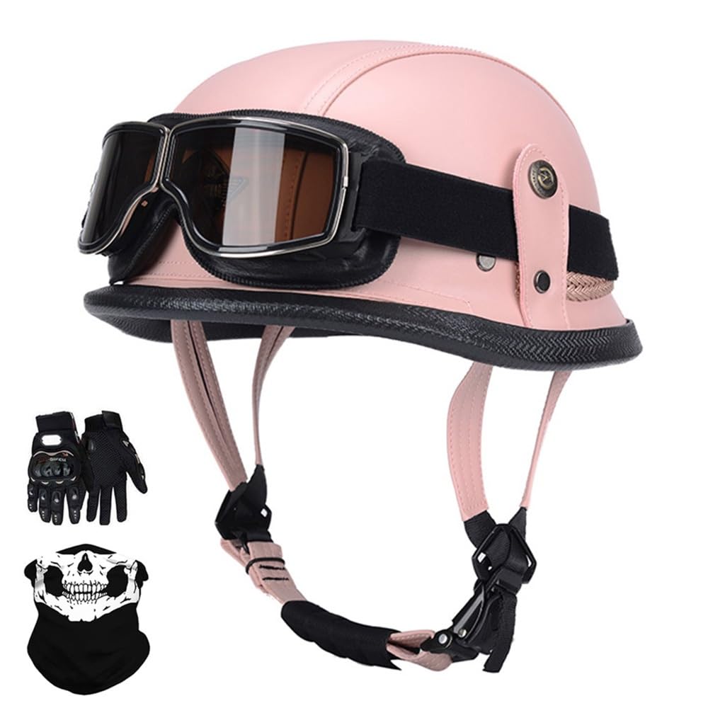 Deutscher Stil Motorrad Halbhelm, Unisex Jahrgang Leder Halber Helm mit Schutzbrille Maske Handschuhe, ECE Zertifiziert, für Motorrad Roller Zerhacker Moped