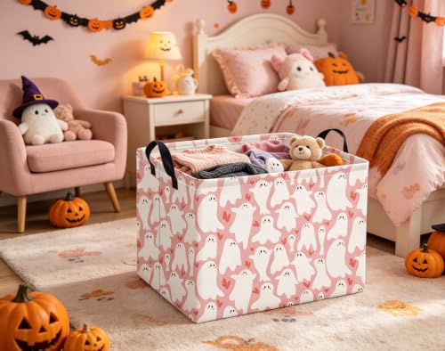 Image of Halloween Basket Cute Baskets for Kids Pumpkin Basket Rectangular Storage Bin Organizer Box Room Decor(Pink Cute Ghost)