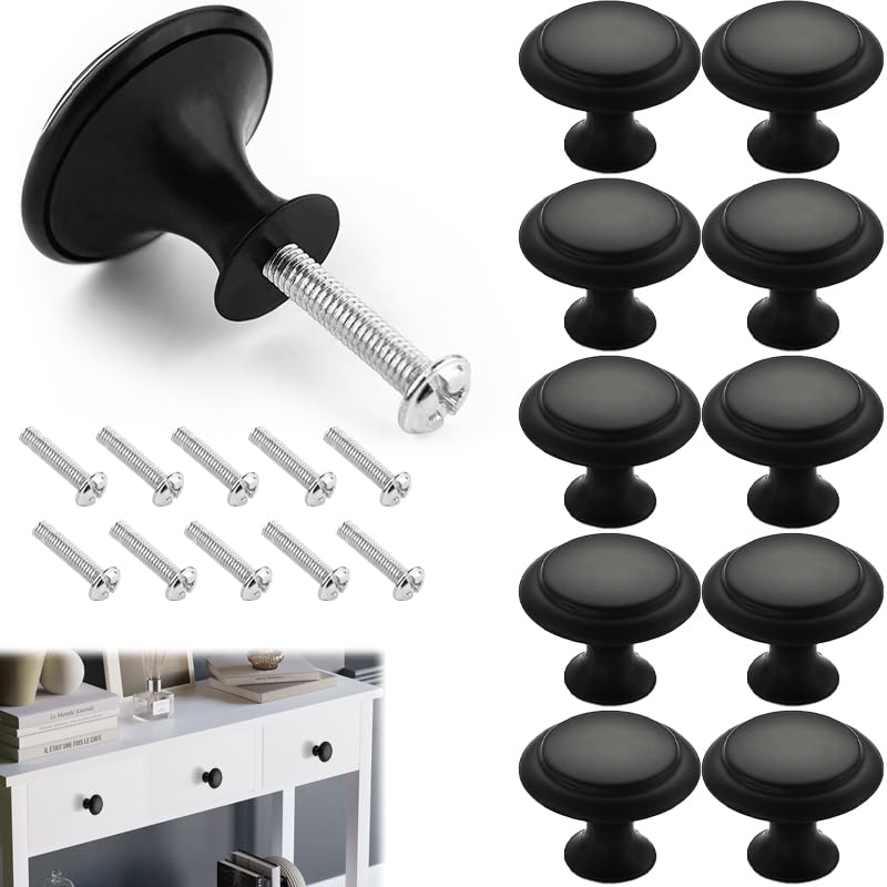 KOZOY Drawer Knob, 10 Pcs Black Round Cupboard Handles Knobs, 27x22mm Cabinet Knobs