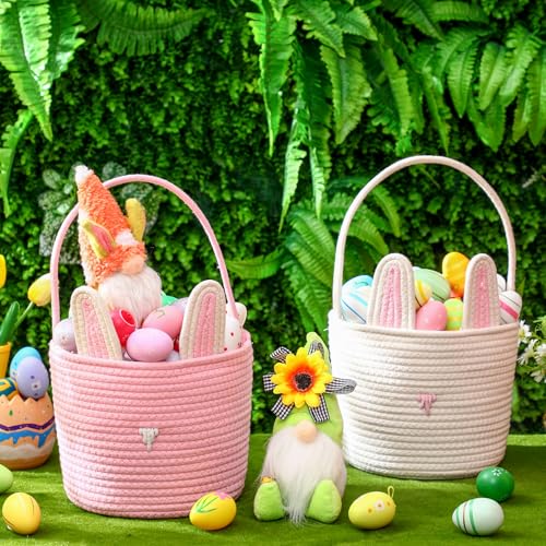 Image of Colingmill 2 Pieces Easter Bunny Basket with Handle Woven Empty Rabbit Basket for Easter Egg Hunt Cute Candy Gifts Storage Party Favors Supplies(White, Pink)