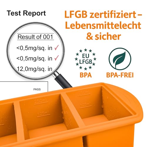 QUELIEN Oranges Silikon-Gefriertablett mit Deckel – 250-ml-Portionsform für Suppe, Brühe, Soßen & Reste – stapelbar, wiederverwendbar… – Ansicht 2