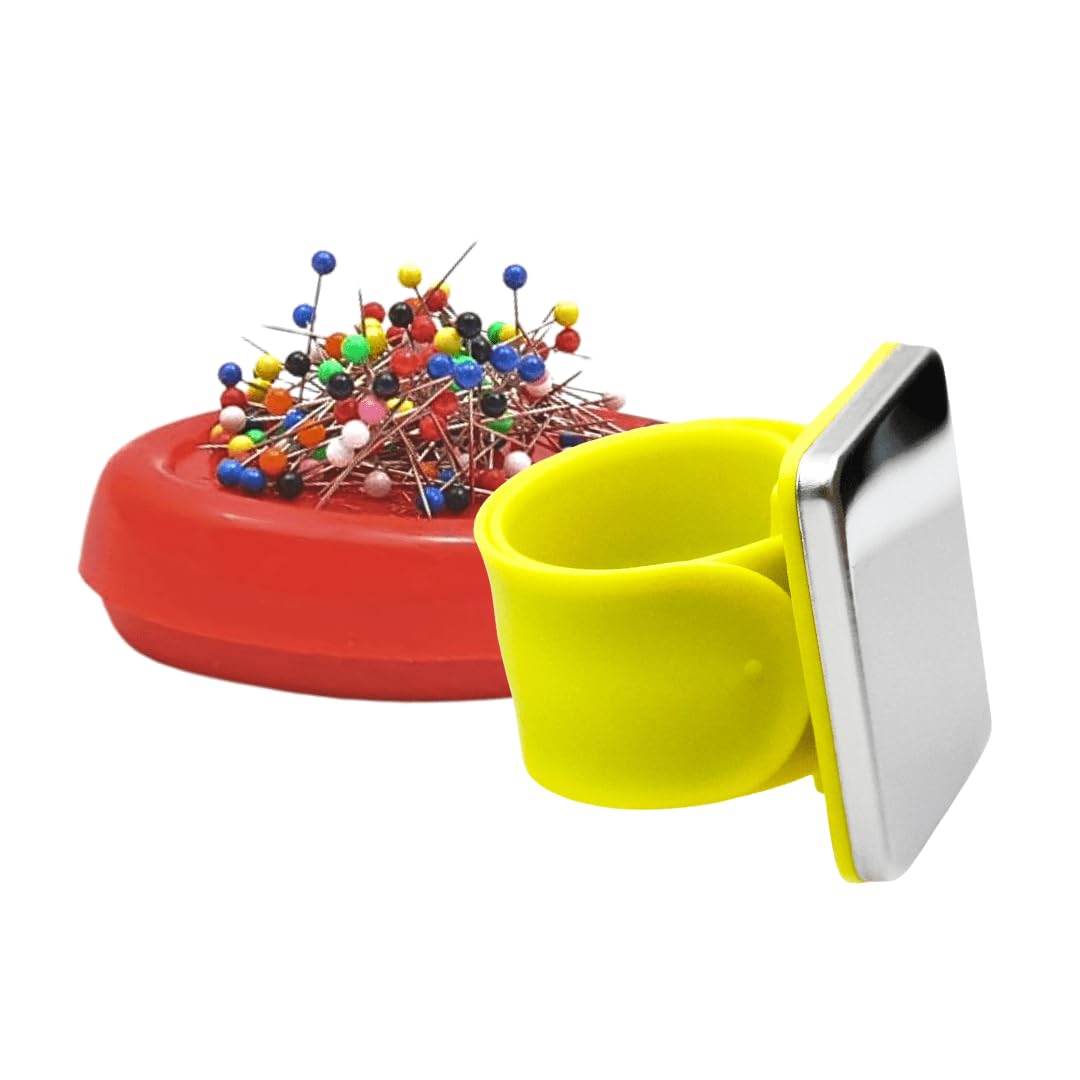 Magnetic Pin Cushions Bundle - Crafter's Starter Kit - Table Top + Wrist Magnetic Pin Cushion - Happy Crafter Set - Red (tt), Yellow (w)