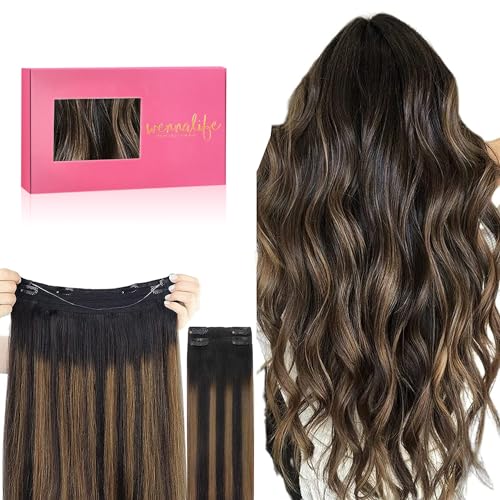 Image of WENNALIFE Wire Hair Extensions Real Human Hair 18 inch 125g Balayage Natural Easy to Apply Reusable for Volume Black to Chestnut Brown Remy Real Hair Extensions Invisible Wire Human Fish Line