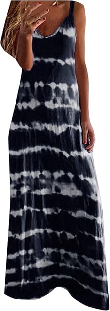 AMDOLE Casual Halter Dresses for Women Summer Women Dress Sleeveless Round Gradient Casual Neck Bohemian Tie-Dye Maxi Striped Women's Dress Casual Summer Dress Women (Navy, S)