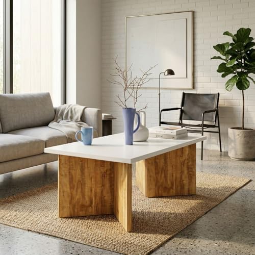 Image of FFO V-Shape Coffee Table for Living Room | Modern Center Table with Engineered Wood Top & Wooden Base | 80x50x40 cm | Stylish Tea Table for Home, Office & Lounge (White & Coach Wood Finish)