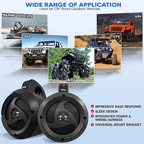 Image of 2-Way Waterproof Bluetooth Off-Road Speakers - 4 inch 900W Active Passive Marine Grade Wakeboard Tower Speakers System w /AUX, Full Range Outdoor Stereo Speaker for ATV /UTV Jeep Boat - Pyle PLUTV40BTA