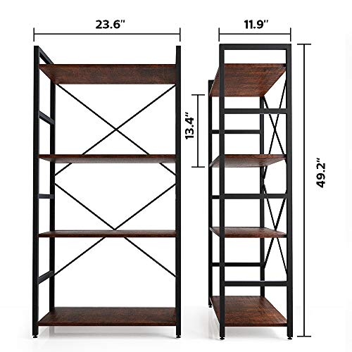 HATON 4-Tier Bookshelf, Simple Industrial Bookcase Standing Shelf Unit Storage Organizer with Wood Look Accent and Iron Frame for Home, Office, Study - Rustic Brown - Thumbnail 7