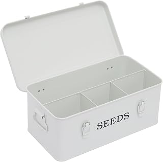 Garden Seed Box, White Metal Seed Storage Box, Seed Storage Organizer Case with 4 Dividers, Seeds Packet Container for Gardening, Seed Envelope Storage Box with Portable Handle & Safety Lock