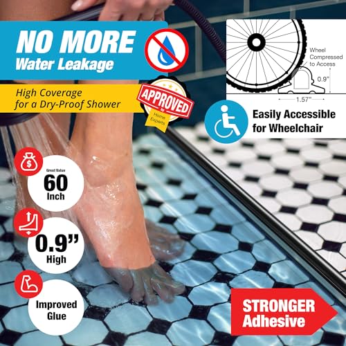 Image of Shower Threshold Water Dam Barrier 60 inch Rounded - Black Collapsible Shower Water Blocker - Guard for Walk in Shower - Water Guard Stopper for Floor - Shower Door Water Blocker - Wheelchair Accessible | Flexible door bottom seal for walk-in showers, helps contain leaks, block water and keep bathroom floors clean and dry