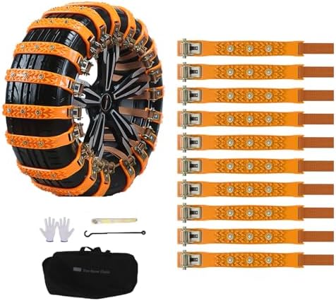 AUTO HIGH 10 Pack Universal Car Snow Chains with Storage Bag and Tools, Tires 165-265 mm for Cars, Trucks, SUVs, Non-Slip Adjustable Winter Snow Chains (single row nail)
