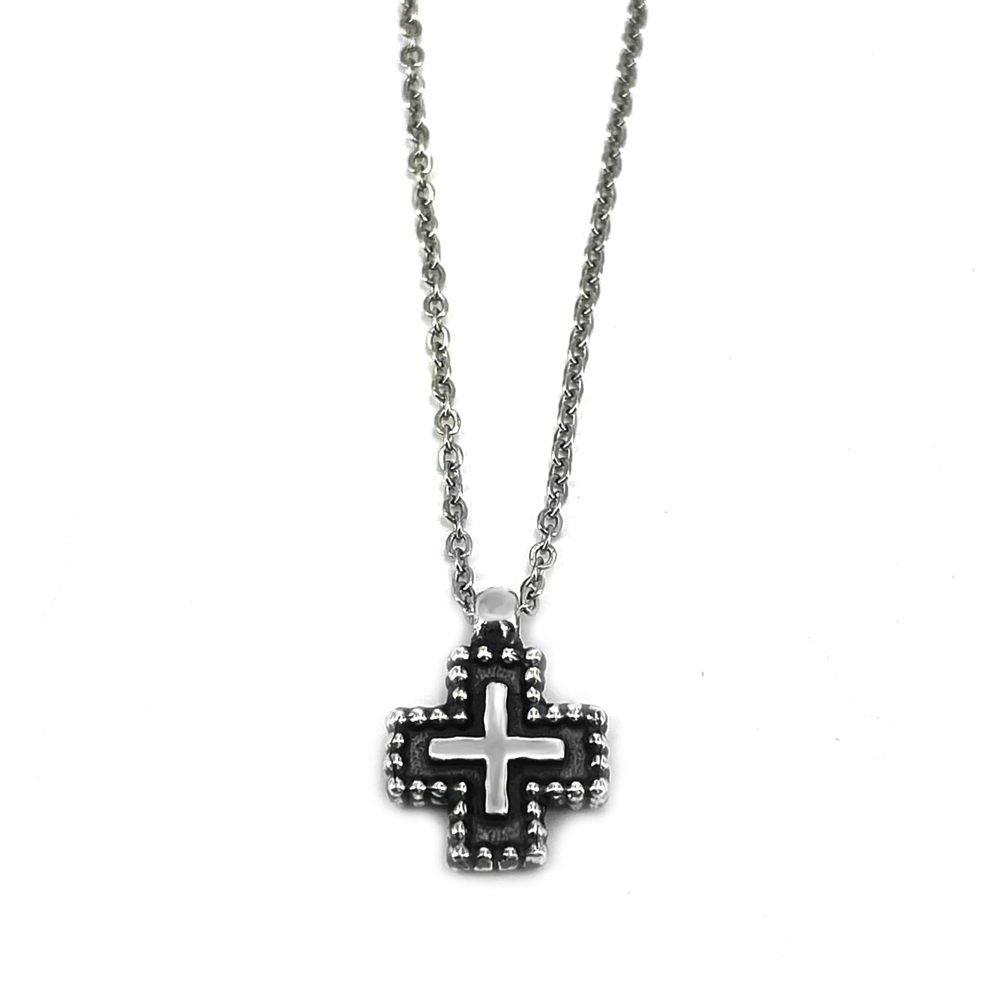 HIMNUM Collar Cruz Colgante Plata de 1ª Ley 925 y Cadena de Acero. Diseño Exclusivo y Original, Crucifijo reversible. Amuleto de Protección y Suerte. Regalo Único.