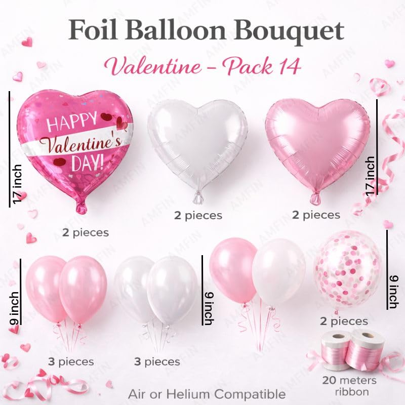 Image of AMFIN (Pack of 14) Happy Valentine's Day Balloon Decoration Set | Romantic Heart Foil Bouquet Metallic Helium Bunch Proposal Anniversary Celebration Party Decor - Pink White