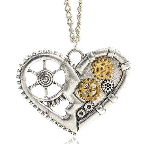 Steampunk Gear Pendant Necklace, AILUOR Punk Vintage Gothic Love Heart Owl Butterfly Bee Insect Chain Sweater Pendant Necklace Jewelry for Women Girl (Heart)