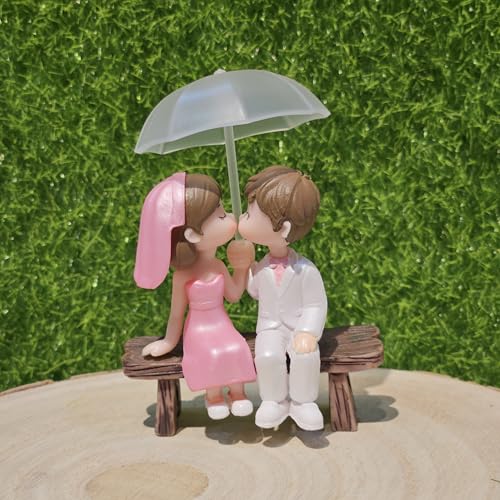 Image of Miniature Cute Couple Figurine, PVC Wedding Cake Topper, Bride and Groom on Bench, Dollhouse Accessory, Garden Decor (Pink Wedding Couple)