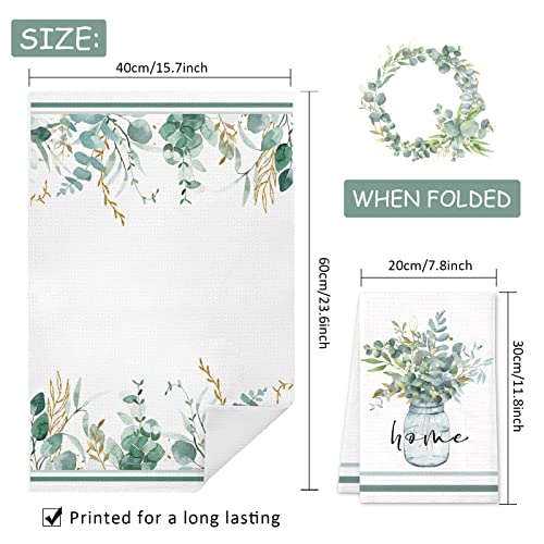 Lebsitey Green Eucalyptus Leaf Kitchen Towels, 4 Pack Love Sweet Home Quotes Eucalyptus Wreath Tea Dish Towels, Absorbent Drying Cloth Tea Towels For Cooking Baking,16×24In (Green Leaves Towels) #TOP6