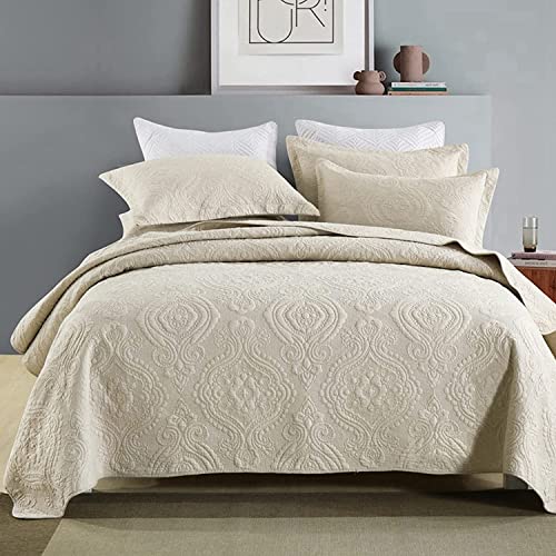 KHURAQ 両面ステッチマイクロファイバーベッドスロー、超ソフトソリッドカラーエンボスキルトベッドスプレッド、3ピース軽量ベッドブランケット、2枕カバー付き,Beige2,Double 230x250cm
